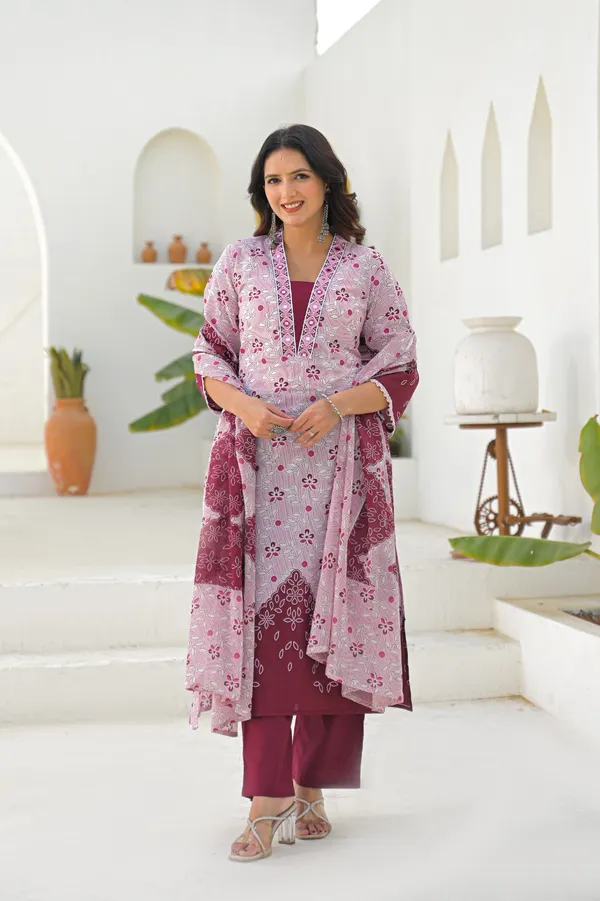 Maroon_Pure_Cotton_Kurta_Pant_And_Dupatta_Set_For_Women