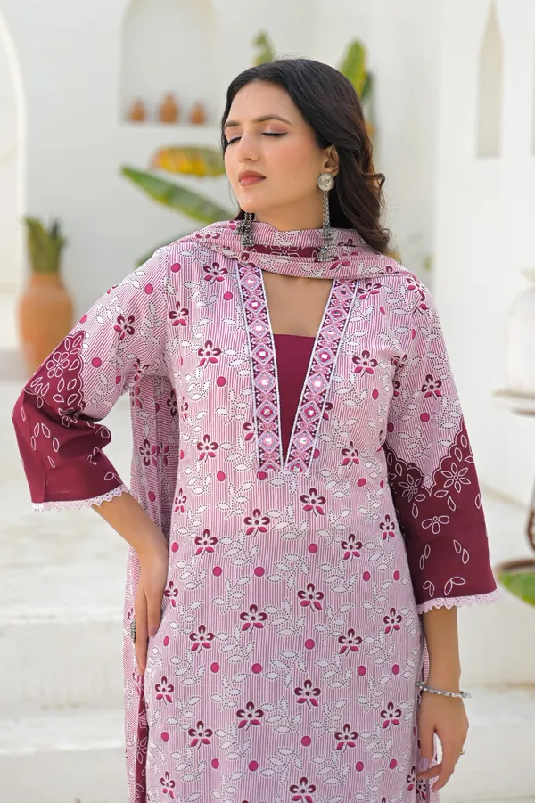 Maroon_Pure_Cotton_Kurta_Pant_And_Dupatta_Set_For_Women