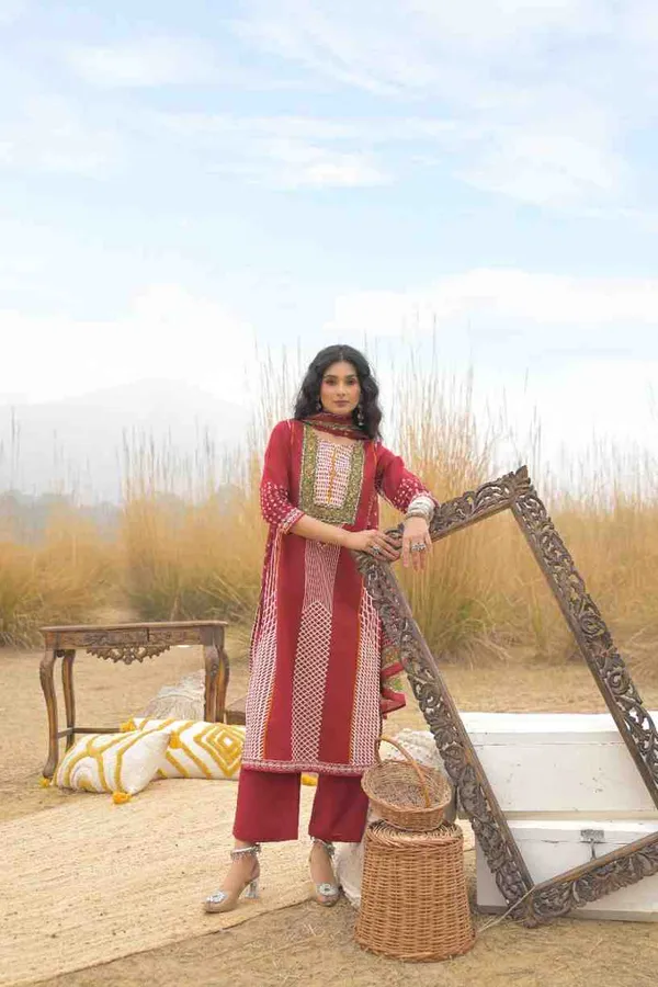 Maroon_Pure_Cotton_Kurta_Pant_And_Dupatta_Set_For_Women
