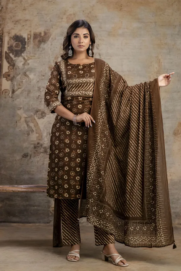 Brown_Pure_Cotton_Kurta_Pant_And_Dupatta_Set_For_Women