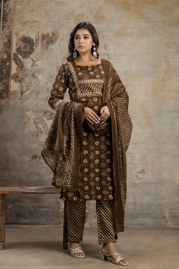 Brown_Pure_Cotton_Kurta_Pant_And_Dupatta_Set_For_Women
