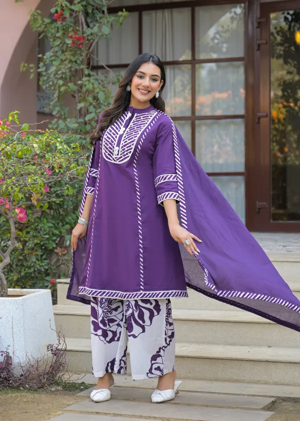 Purple_Pure_Cotton_Kurti_Palazzo_And_Dupatta_Set_For_Women
