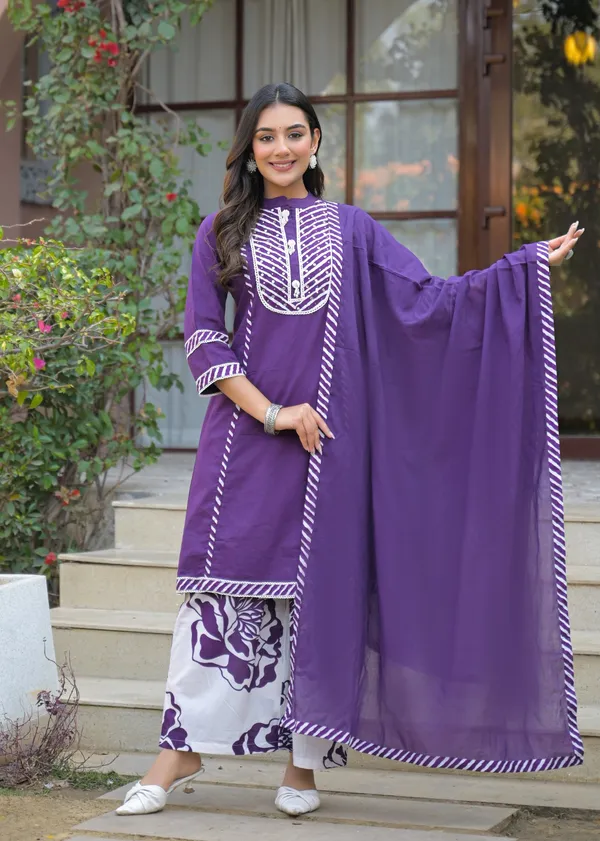 Purple_Pure_Cotton_Kurti_Palazzo_And_Dupatta_Set_For_Women