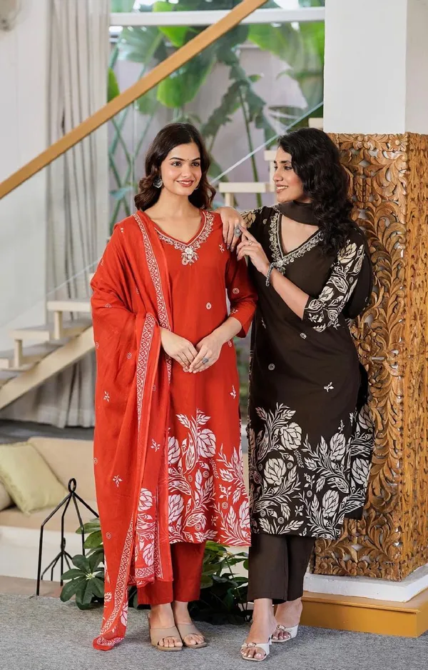 Rust_Pure_Cotton_Kurta_Pant_And_Dupatta_Set_For_Women