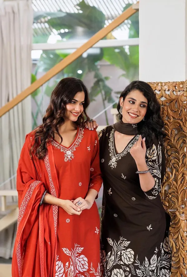 Rust_Pure_Cotton_Kurta_Pant_And_Dupatta_Set_For_Women