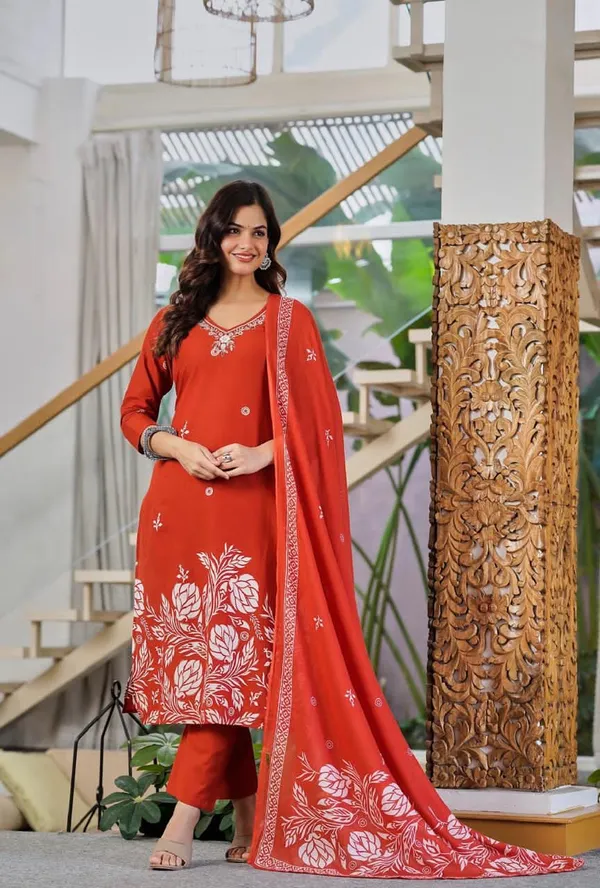 Rust_Pure_Cotton_Kurta_Pant_And_Dupatta_Set_For_Women
