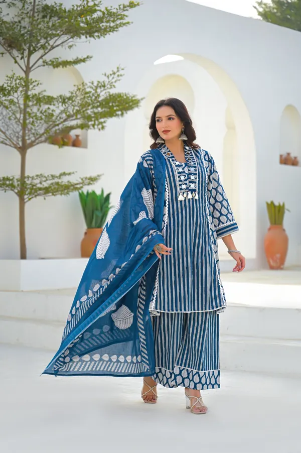 Blue_Pure_Cotton_Kurti_Palazzo_And_Dupatta_Set_For_Women