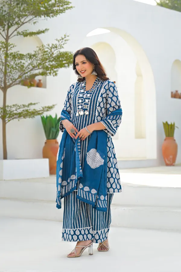 Blue_Pure_Cotton_Kurti_Palazzo_And_Dupatta_Set_For_Women