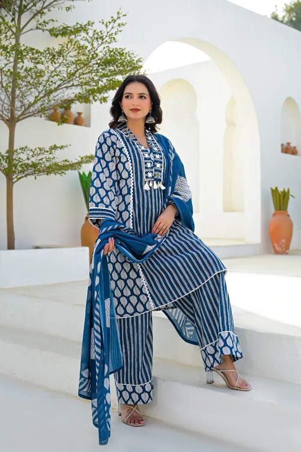 Blue_Pure_Cotton_Kurti_Palazzo_And_Dupatta_Set_For_Women