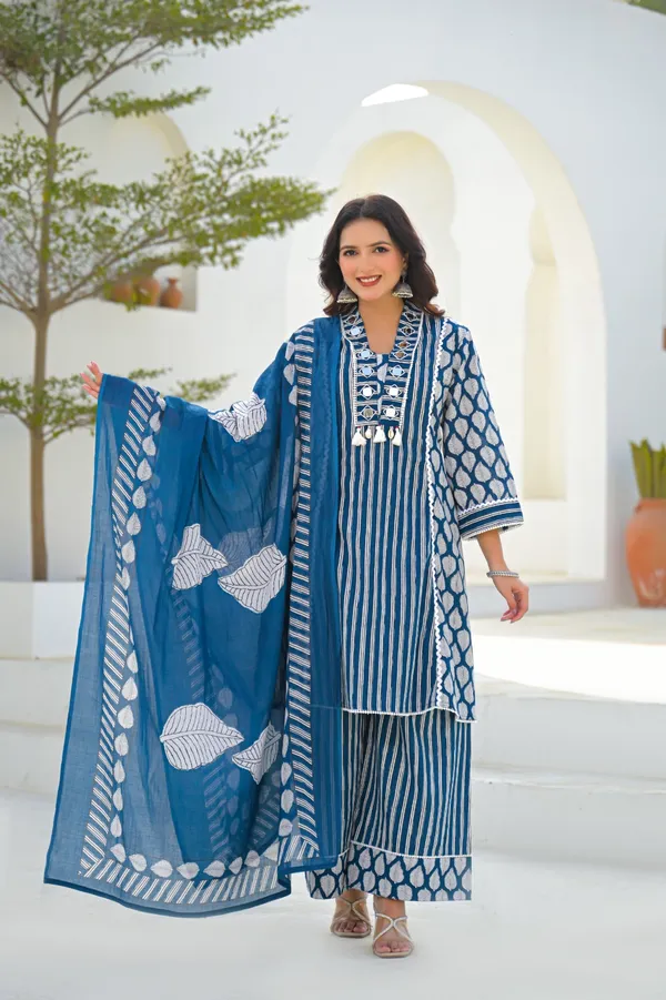 Blue_Pure_Cotton_Kurti_Palazzo_And_Dupatta_Set_For_Women