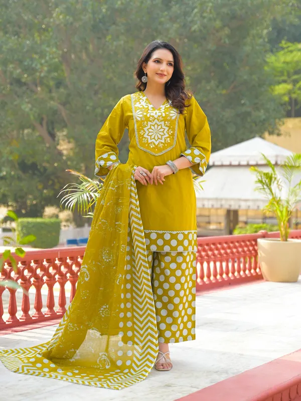 Yellow_Pure_Cotton_Short_Kurta_Palazzo_And_Dupatta_Set_For_Women