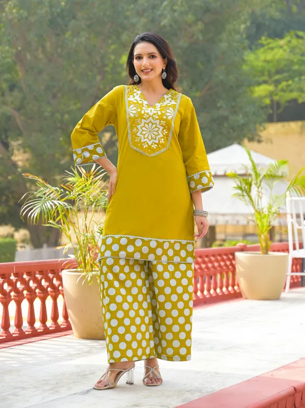 Yellow_Pure_Cotton_Short_Kurta_Palazzo_And_Dupatta_Set_For_Women