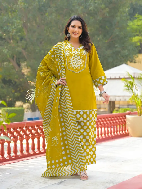 Yellow_Pure_Cotton_Short_Kurta_Palazzo_And_Dupatta_Set_For_Women