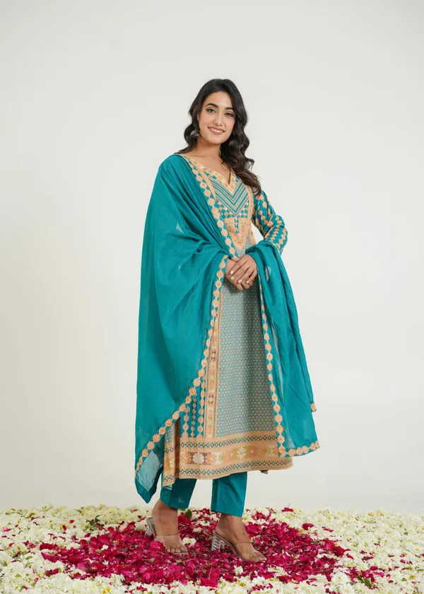 Turquoise_Blue_Pure_Cotton_A_Line_Kurti_Pant_And_Dupatta_Set_For_Women