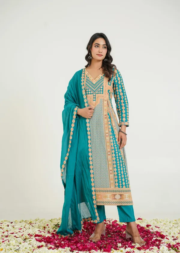 Turquoise_Blue_Pure_Cotton_A_Line_Kurti_Pant_And_Dupatta_Set_For_Women