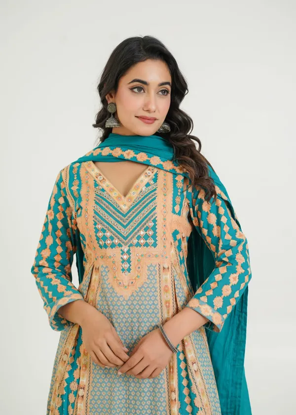 Turquoise_Blue_Pure_Cotton_A_Line_Kurti_Pant_And_Dupatta_Set_For_Women