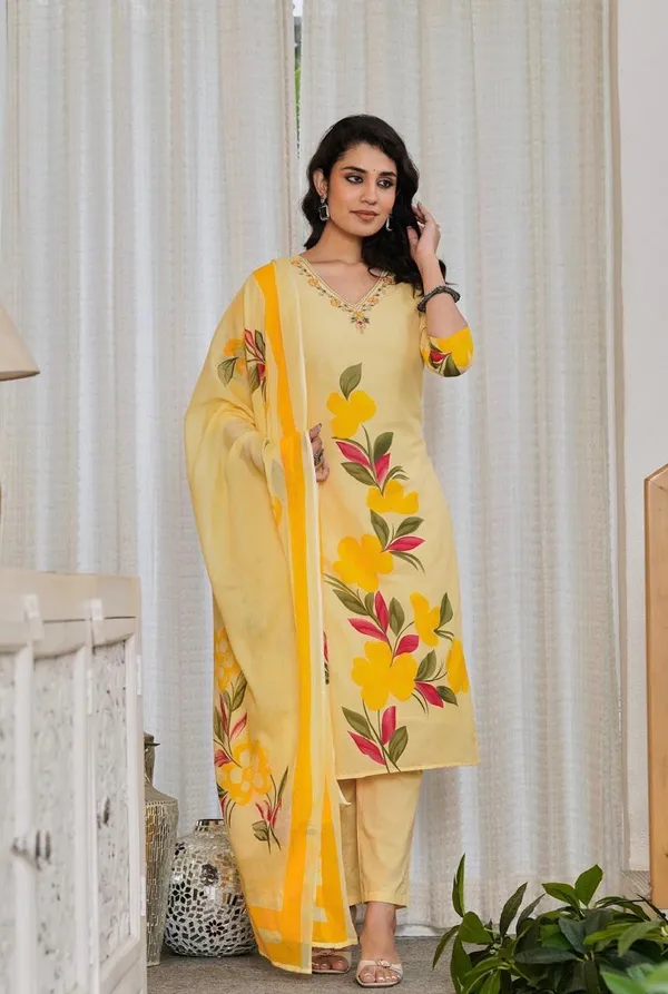 Light_Yellow_Pure_Cotton_Kurta_Pant_And_Dupatta_Set_For_Women