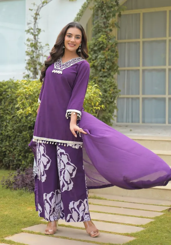 Purple_Pure_Cotton_Short_Kurta_Palazzo_And_Dupatta_Set_For_Women