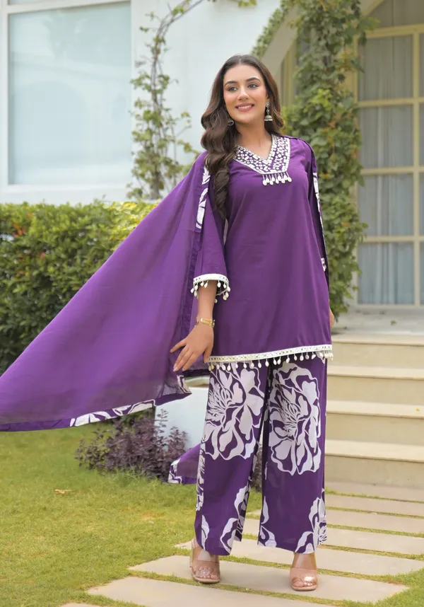 Purple_Pure_Cotton_Short_Kurta_Palazzo_And_Dupatta_Set_For_Women