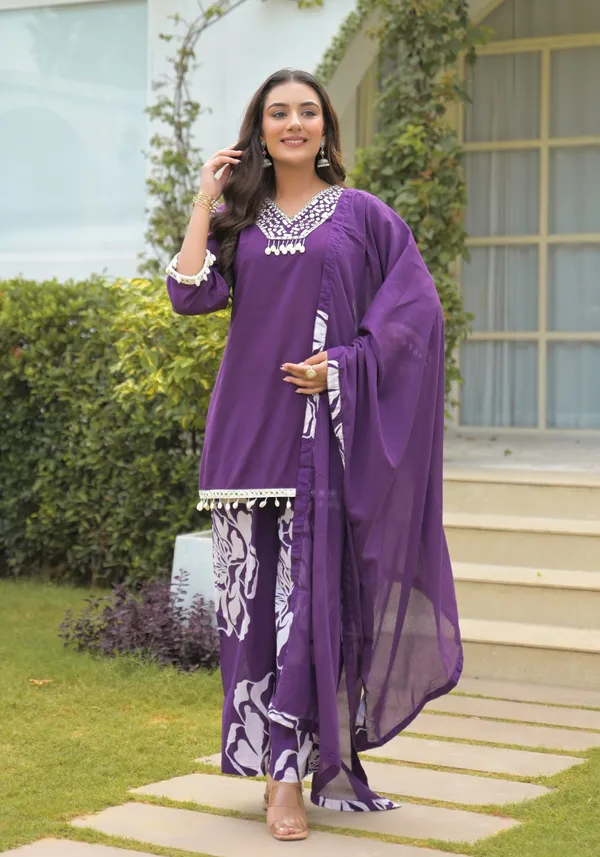 Purple_Pure_Cotton_Short_Kurta_Palazzo_And_Dupatta_Set_For_Women
