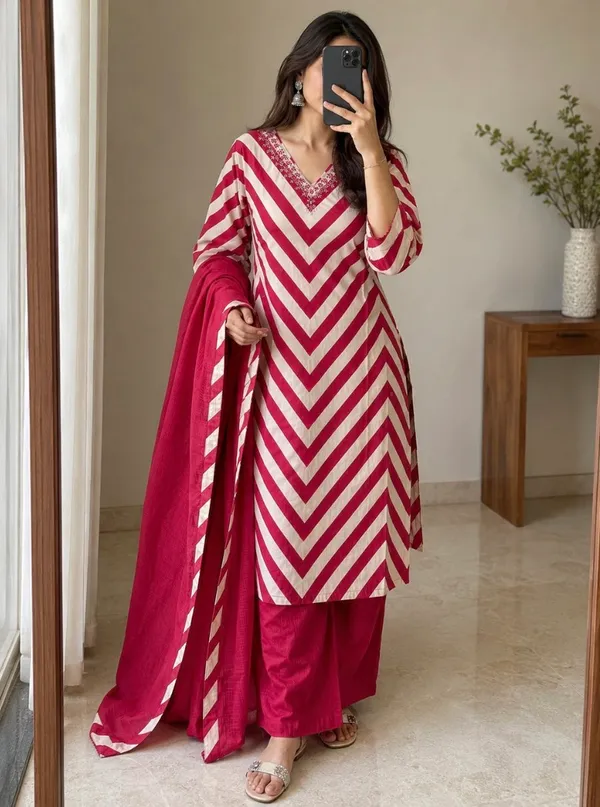 Beautifull_Zik_Zak_Proceen_Print_Kurti_With_pant_And_Dupatta_Set