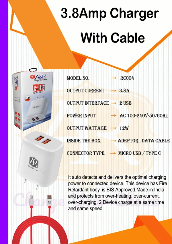 White_Pvc_3.8_Amp_Double_Port_Charger_With_Cable_For_All_Types_Of_Smart_Phone_
And_Tablet