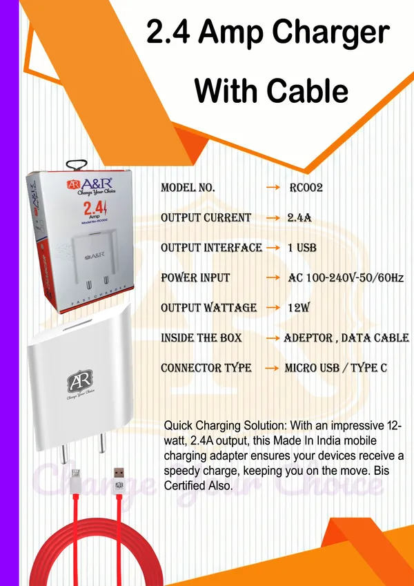 A&R__2.4_Amp,_12W_Single_Port_Charger_With_Micro_USB_Data_Cable_For_All_Types_Of_Smart_Phone_And_Tablet