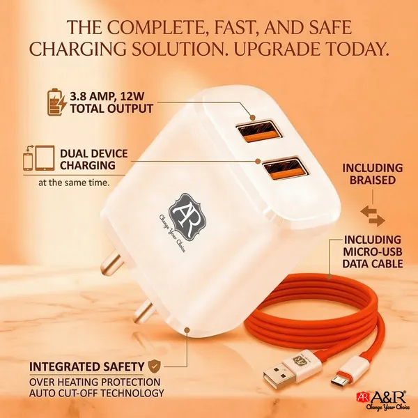 A&R__3.8_Amp_Double_USB__Charger_With_Micro_USB_Data_Cable_Cable_(1M)_For_All_Types_Of_Smart_Phone_And_Tablet