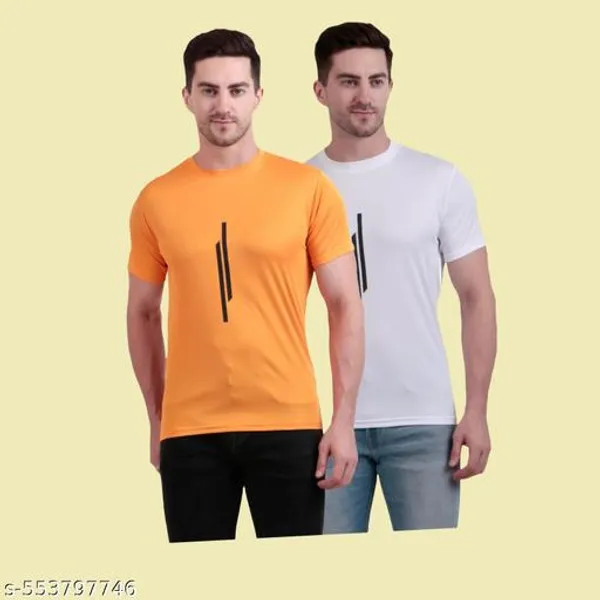 Orange_And_White_Poly_Cotton_Casual_Wear_T-Shirt_For_Men_Pack_Of_2