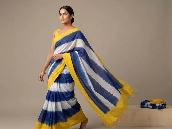 Indigo_Blue_White_And_Sunshine_Yellow_Mul_Cotton_Basanti_Indigo_Saree_For_Women