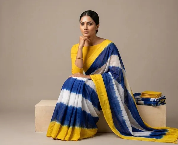 Indigo_Blue_White_And_Sunshine_Yellow_Mul_Cotton_Basanti_Indigo_Saree_For_Women