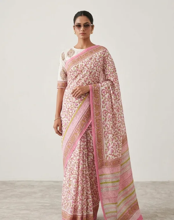 White_And_Rose_Pink_With_Bit_Of_Sage_Green_Georgette_Gul-E-Mulmul_Saree_For_Women