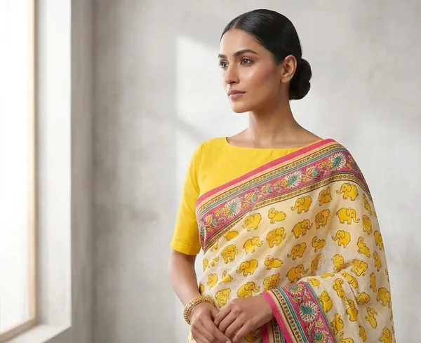 White_Magenta_And_Sunshine_Yellow_Mul_Cotton_Hasti_Prabha_Saree_For_Women