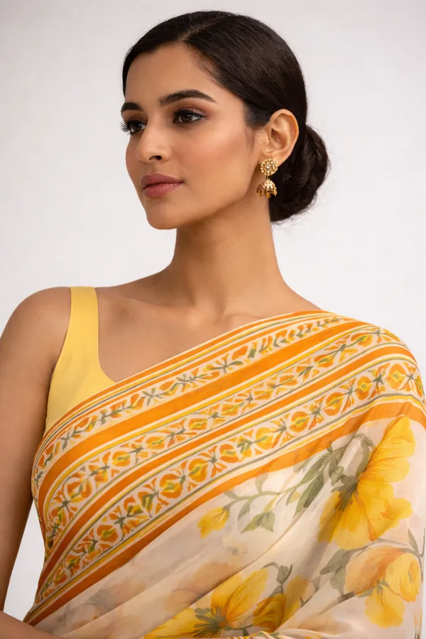 Off_White_And_Sunflower_Yellow_Georgette_Honeyed_Flora_Saree_For_Women