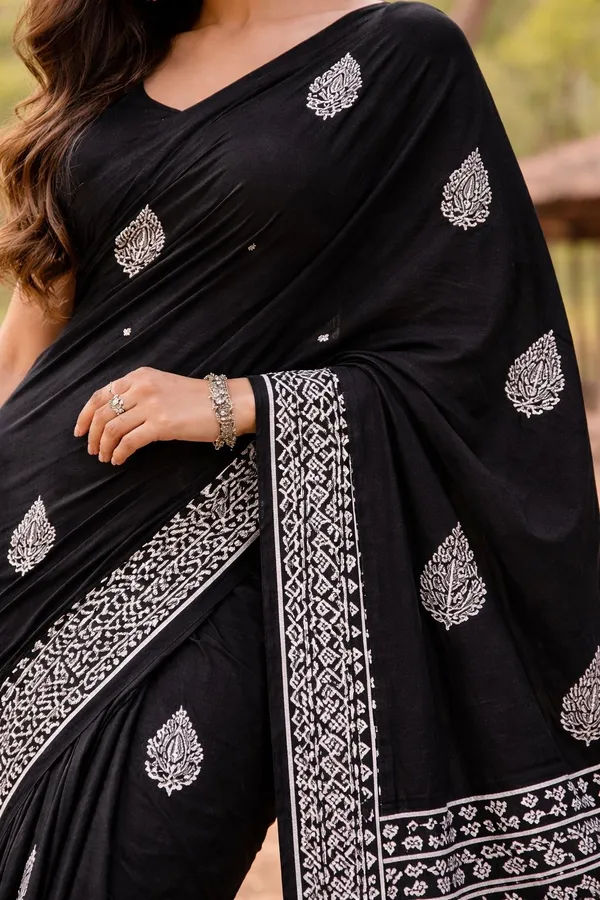 Black__Mul_Cotton_Midnight_Handblock_Saree_For_Women