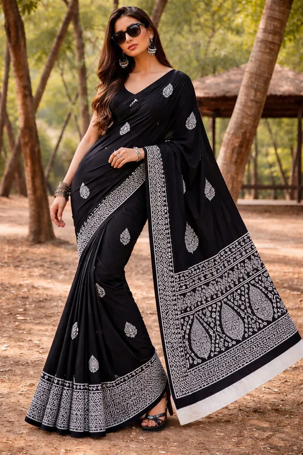 Black__Mul_Cotton_Midnight_Handblock_Saree_For_Women