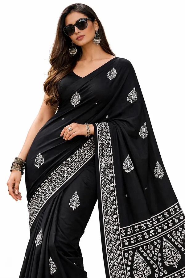 Black__Mul_Cotton_Midnight_Handblock_Saree_For_Women