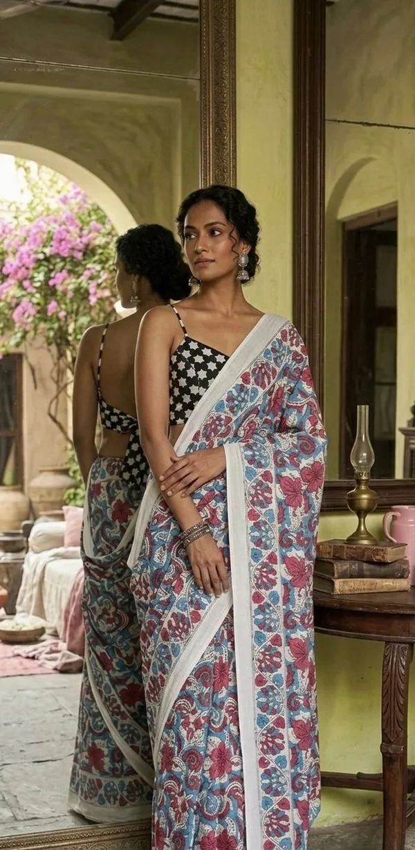 Cerulean_Blue_Magenta_With_Stark_Black_And_Bright_White_Mul_Cotton_The_Kalamkari_Kissa_Saree_For_Women