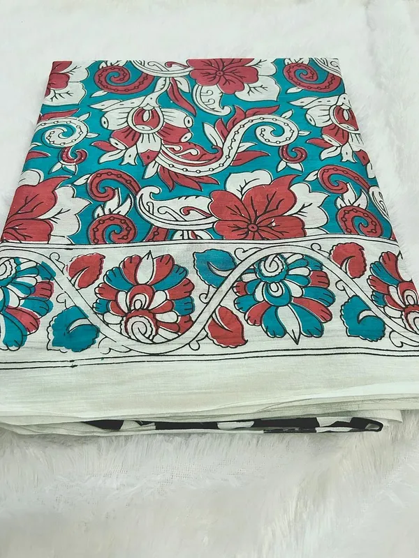 Cerulean_Blue_Magenta_With_Stark_Black_And_Bright_White_Mul_Cotton_The_Kalamkari_Kissa_Saree_For_Women