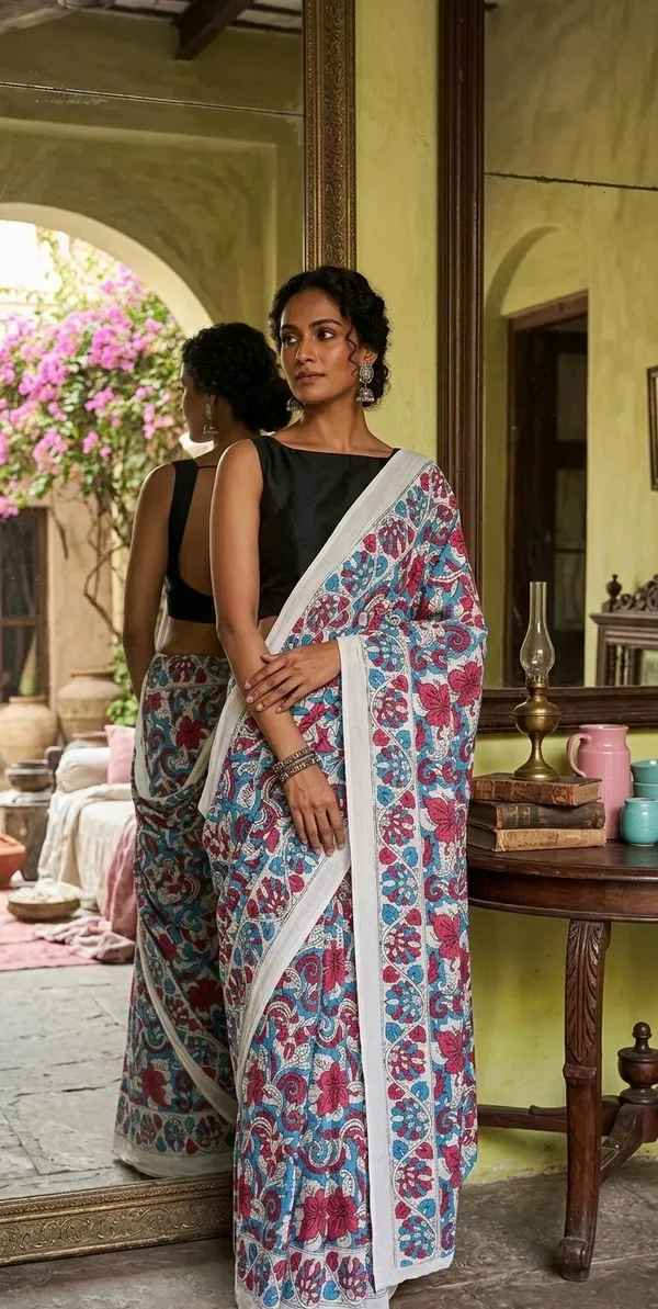 Cerulean_Blue_Magenta_With_Stark_Black_And_Bright_White_Mul_Cotton_The_Kalamkari_Kissa_Saree_For_Women