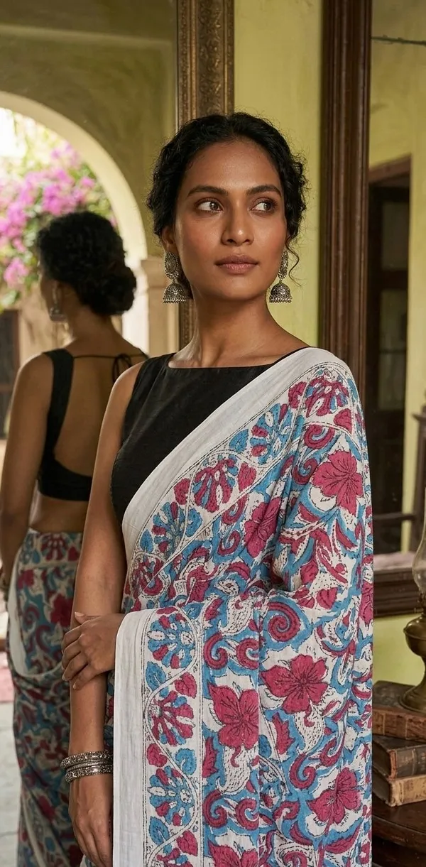 Cerulean_Blue_Magenta_With_Stark_Black_And_Bright_White_Mul_Cotton_The_Kalamkari_Kissa_Saree_For_Women
