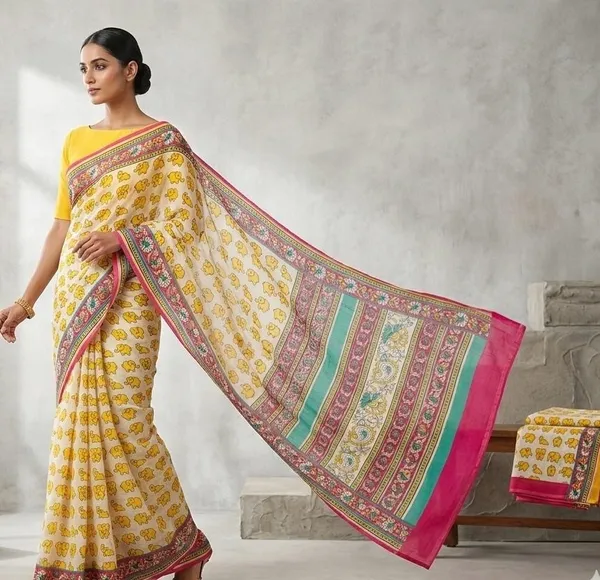 White_Magenta_And_Sunshine_Yellow_Mul_Cotton_Hasti_Prabha_Saree_For_Women
