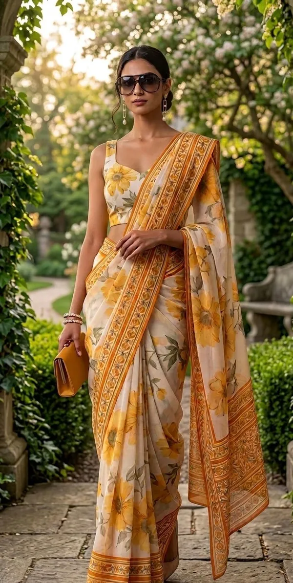 Off_White_And_Sunflower_Yellow_Georgette_Honeyed_Flora_Saree_For_Women