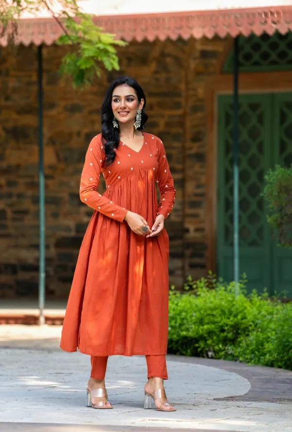 Orange_Rayon_Printed_Kurta_Set_For_Women
