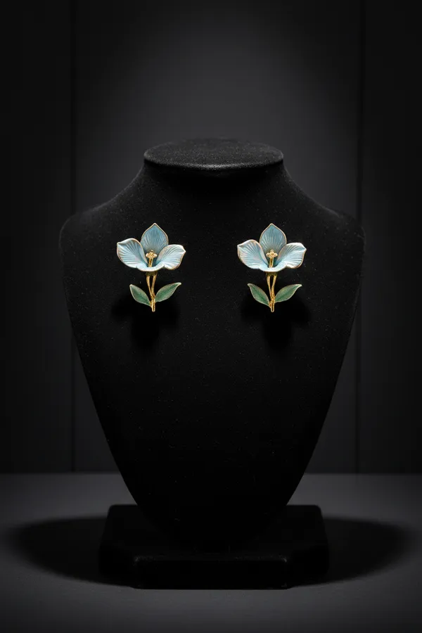 Light_Blue_Elegant_Flower_Enamel_Stud_Earrings_With_Gold_Accents_And_Green_Leaves_For_Women