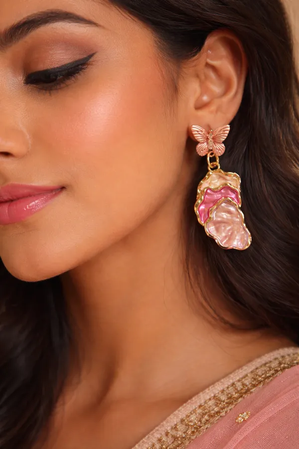 Pink_Butterfly_Shell_Drop_Earrings_With_Gold_Trim_For_Women