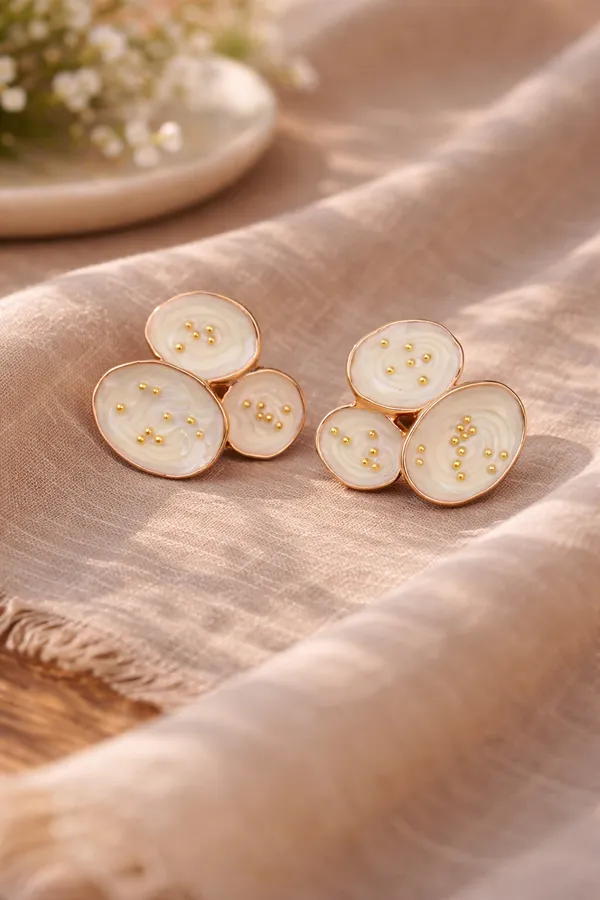 White_Elegant_Button_Design_Stud_Earrings_With_Gold_Accents_For_Women