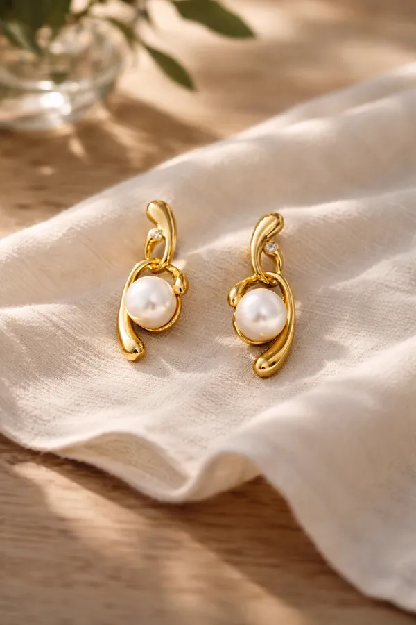 White_Golden_Wave_Pearl_Drop_Earrings_Elegant_Gold_Plated_Stud_With_For_Women