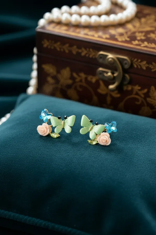 Multicolour_Butterfly_And_Floral_Stud_Earrings_Green,_Pink_Blue_For_Women
