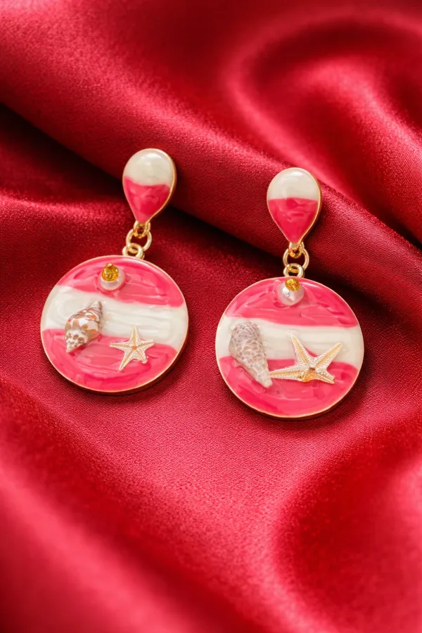 Red_And_White_Pink_Seashell_Starfish_Resin_Dangle_Earrings_For_Women